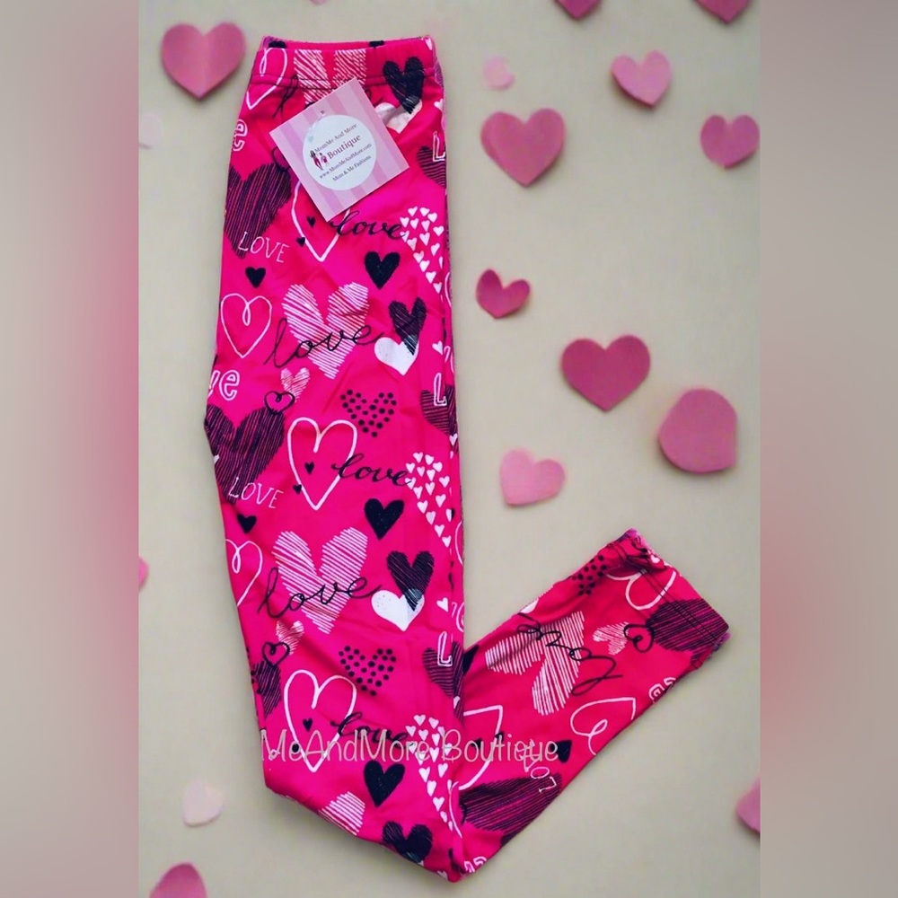 💗S/L NEW Girls Pink Heart Valentine’s Day Leggings, Kids Soft Yoga Pants